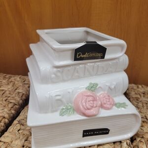 Valentine's Day Stacked Books Vase Planter with Pink Rosess Passion Romance